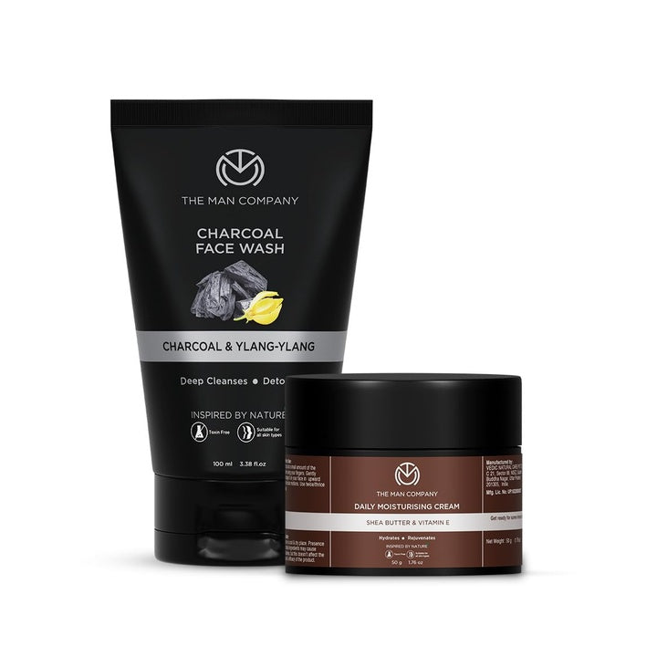 The Man Company DeTan Daily Pack with Activated Charcoal Face Wash & Daily Moisturising Face Cream | Argan, Shea Butter, Vitamin E | Deep Cleansing, Moisturizing - Pack of 2