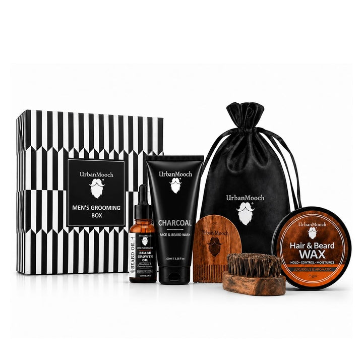 UrbanMooch 5 in 1 Beard Grooming Kit for Men | Face & Beard Wash with Growth Oil, Wax, Brush & Comb | Best Gift for Man | Complete Care solution in One Kit