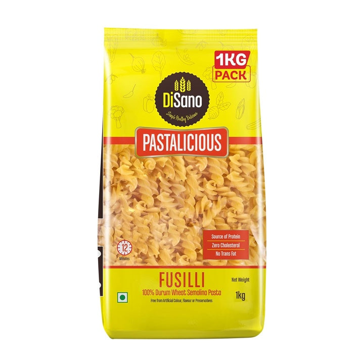 DiSano Fusilli Pasta 1kg, Healthy Pasta, Made with 100% Durum Wheat Semolina, 100% Suji, No Maida, Source of Protein & Fibre, Non-Sticky