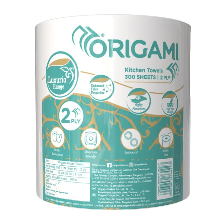 Origami 2 Ply Kitchen Tissue Paper Roll - Pack of 1 (300 Sheets)