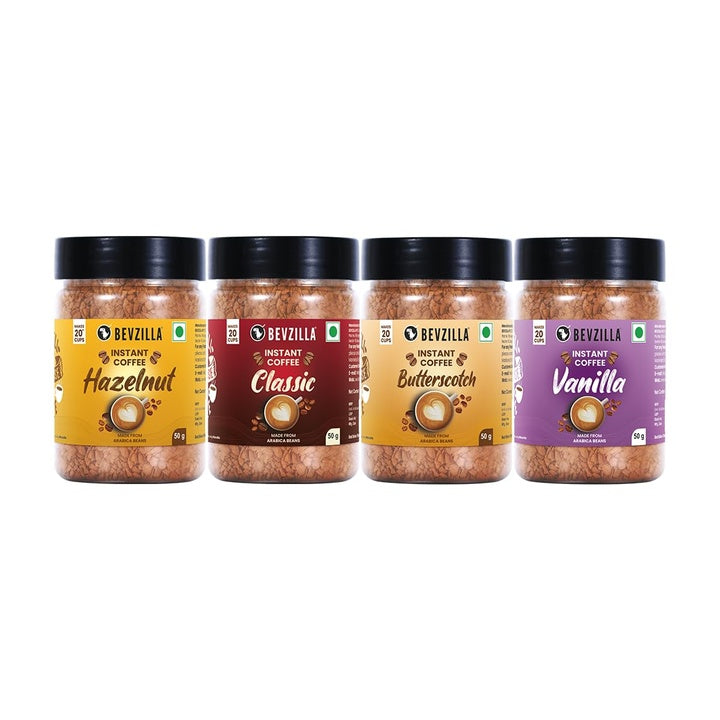 Bevzilla 50 Grams X 4 Flavoured Instant Coffee Powder Pack Box of Colombian Gold, Hazelnut, Vanilla & Butterscotch | Arabica Beans|Perfect for espresso, latte & cappuccino| Enjoy Hot & Cold Bews