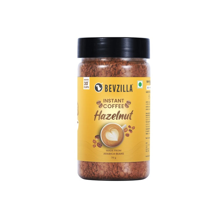 Bevzilla Hazelnut Flavored Instant Coffee Powder Jar - 75g | Premium Arabica Coffee | Ideal for Espresso, Latte & Cappuccino | Hot & Cold Coffee Brews | Instant Coffee with bold flavour