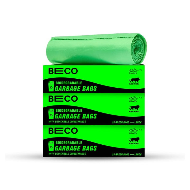 Beco Eco-Friendly Garbage Bags | 45 Pcs | Large- 24 x 32 Inches | 15 Bags x 3 Rolls | Green | Dustbin/Trash Bags with Detachable Drawstrings | For Dry & Wet waste