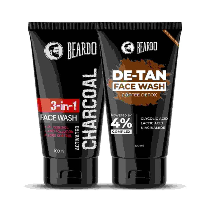 BEARDO Detan& Charcoal Face Wash For Men (100Ml X 2) | Facewash Combo That Removes Dirt & Reduces Tan | Goodness Of Activated CHARCOAL & Coffee Along With Aloe Vera Provides Moisturization