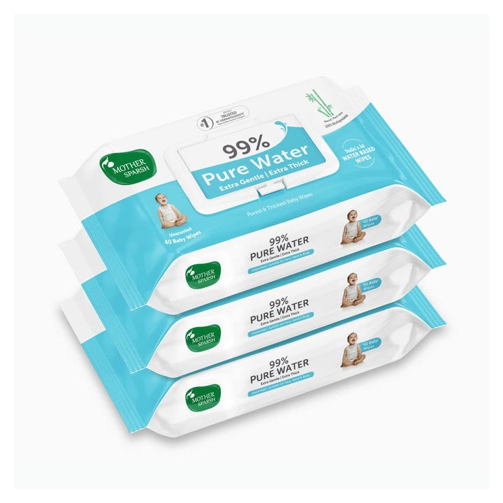 Mother Sparsh 99% Pure Water Baby Wipes, Pack of 3 (40 X 3 Wipes) | Travel Friendly Pack made with Plant Based Fabric