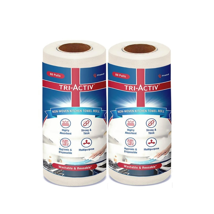 Tri-Activ Washable & Reusable Kitchen Towel Roll | 80 Pulls per Roll, 160 Sheets Pack of 2 | Highly Absorbent Kitchen Tissue Roll | Non Woven Fabric | Better alternative to Paper Tissue Roll | White