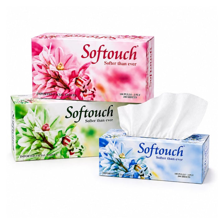 Softouch 2 Ply Face Tissue Paper Carton Box 100 pulls 200 sheets Each Box- Set of 3 (Multicolor)