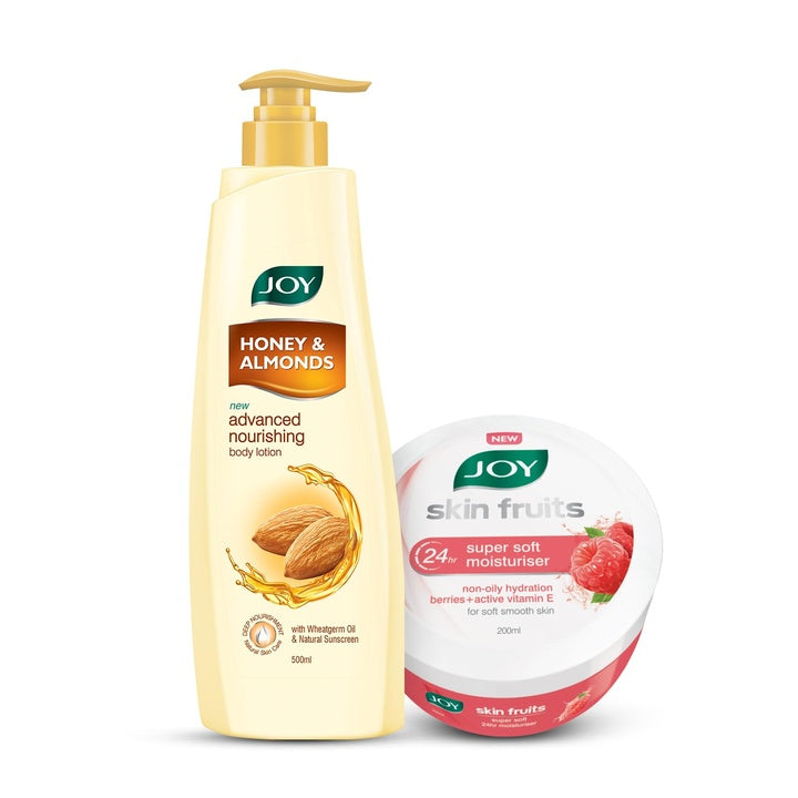Joy Honey Almond Body Lotion (500ml) & Berries Soft Cream (200ml) Combo For Skin Nourishment | Complete Moisturization Set for All Skin & Weather Types - Pack of 700ml