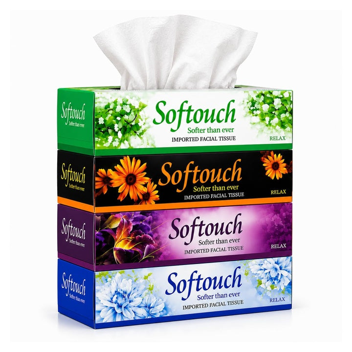 Softouch 2 Ply Facial Tissue Box Pack of 4 | 100 Pulls X 4 Car Tissue Box Made with High GSM Paper Super Absorbent | Soft on Skin | 100% Virgin Paper | Ideal for Home & Office, Hotels Use