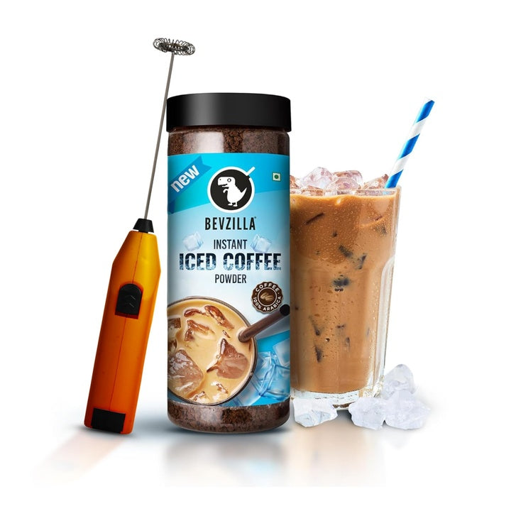 Bevzilla 200g Instant Iced Coffee Powder & Frother Combo | Makes 100 Cups | Arabica Iced Coffee Mix | Cold Coffee | Unbreakable Jar