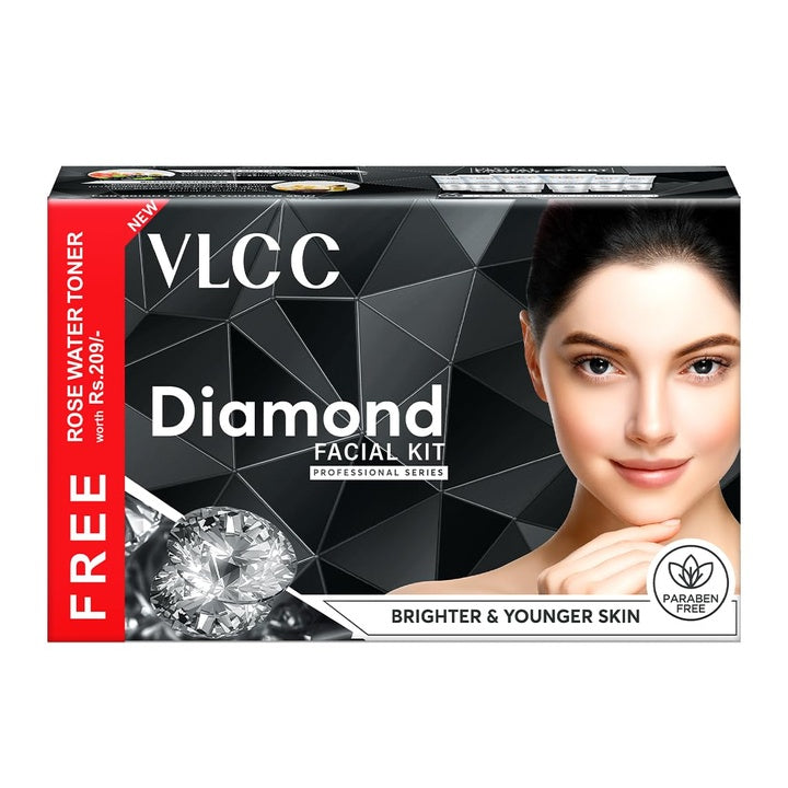 VLCC Diamond Facial Kit with FREE Rose Water Toner - 300g + 100ml | Skin Purifying Facial with Colloidal Diamond, Jojoba Oil, Olive Oil & Aloe Vera. Detoxifying At Home Facial.