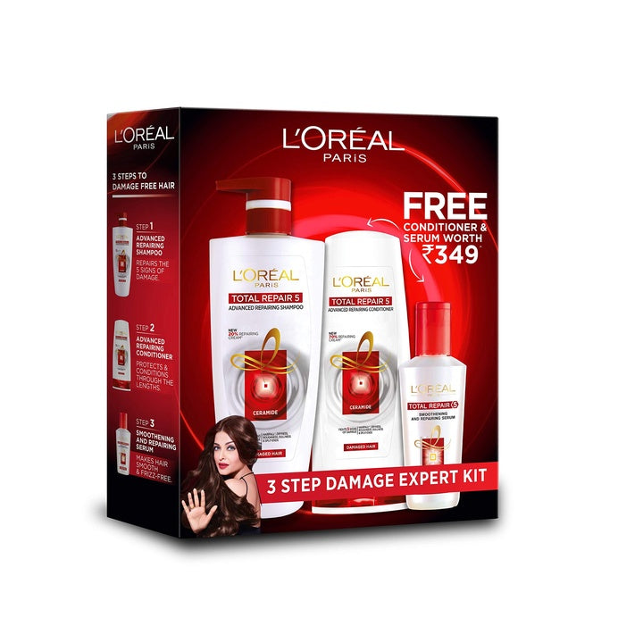 L'Oreal Paris Total Repair 5 Shampoo 704ml Combo with Conditioner, 192.5ml + Serum, 40ml FREE