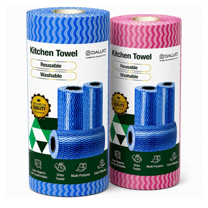 DALUCI Non Woven Reusable Kitchen Towel Roll | 160 Pulls (80 Wipes x 2 Rolls) | Super Absorbent, Washable & Reusable | Lint-Free, Quick Dry Multipurpose Cleaning Cloth for Home & Kitchen