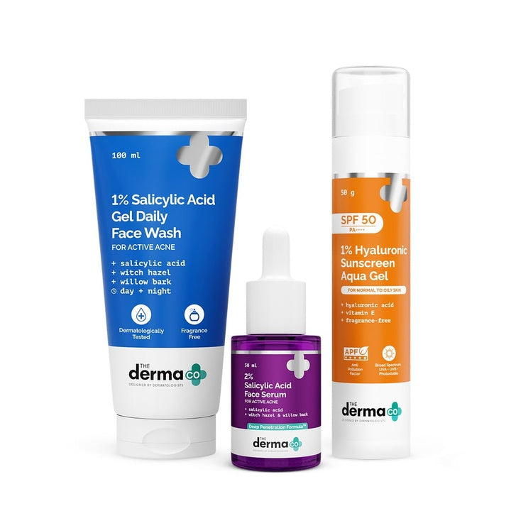The Derma Co Anti Acne Skincare Routine Kit For All Skin 1% Salicylic Acid Gel Face Wash+2% Salicylic Acid Serum+1% Hyaluronic Sunscreen Aqua Gel|Broad Spectrum Protection Spf 50 Pa++++|Unisex,3 Count