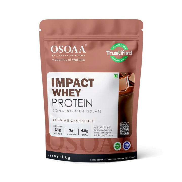 OSOAA Impact Whey Protein 1kg- Belgian Chocolate | Isolate & Concentrate | 24g Protein & 3g Creatine with 5X Digestive Enzymes | Trustified Certified & NABL Lab Tested