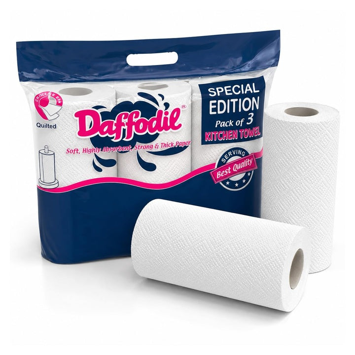 DAFFODIL 2 Ply Kitchen Towels – Pack of 3 Rolls (100pulls per Roll, 300 Pulls) | Ultra-Absorbent Kitchen Roll | Heavy Duty Cleaning Paper Towels | Durable & Strong Kitchen Tissue Roll