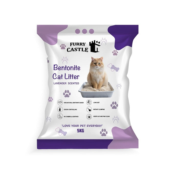 Furry Castle Cat Litter Lavender 5Kg | Advanced Clumping Bentonite Sand | 99.9% Dust Free | Scoopable Scented Litter | Superior Odour Control | Paw-Friendly | Suitable for All Cat Breeds (Pack of 1)