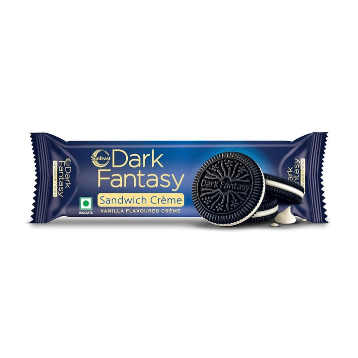 Sunfeast Dark Fantasy Vanilla Crème, 79g, Dark Crunchy Biscuit with Smooth Vanilla Crème