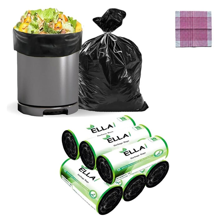 ELLA Garbage Bags 24x32 Inches Large 90 Bags 6 Rolls | Leak Proof & Tear-Resistant Trash Bags for Kitchen, Home & Commercial Use | Dustbin Bags For Dry & Wet Waste With Free Check Duster Cloth -Black