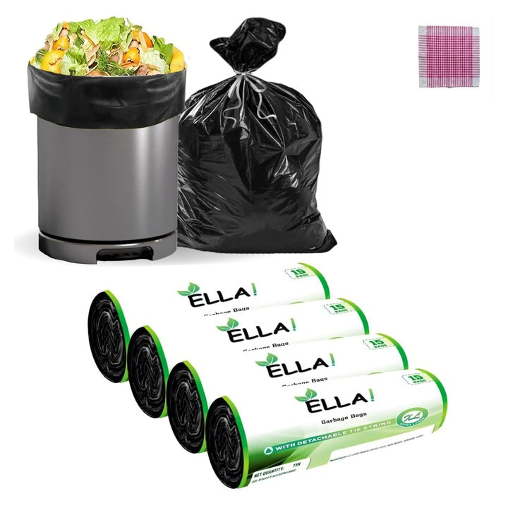 Ella Garbage Bags 30x37 Inches (Extra Large) 40 Bags 4 Rolls | Leak Proof & Tear Resistant Trash Bags for Kitchen & Commercial Use | Dustbin Bags For Dry & Wet Waste With Free Check Duster Cloth-Black