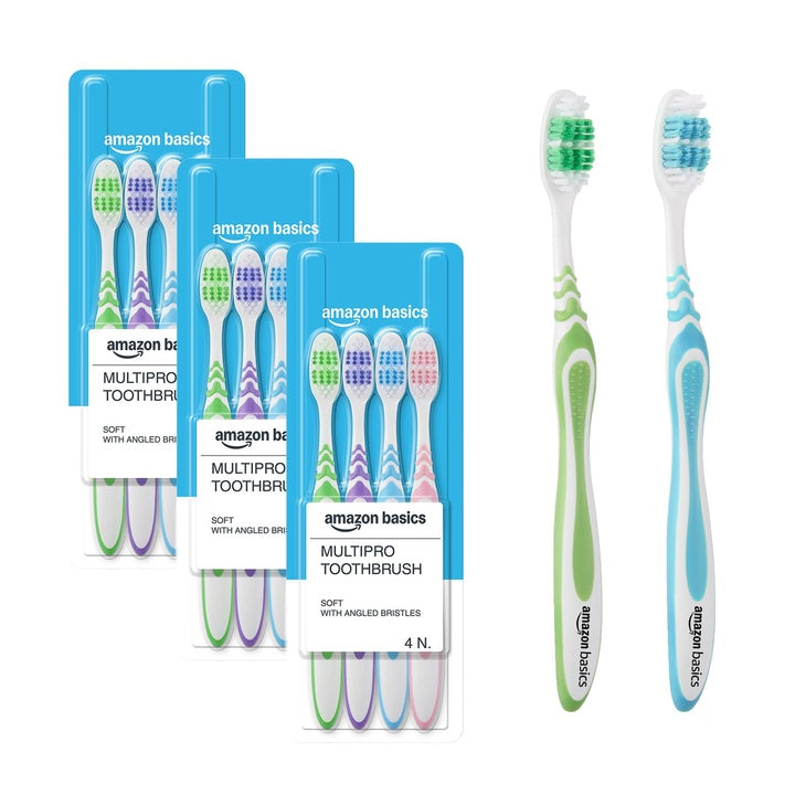 Amazon Basics MultiPro ZigZag Toothbrush for Adults, Multicolour | 12-Count (4 × 3 Packs) | Soft Bristles for Deep Cleaning, Plaque Removal & Gentle Gum Care
