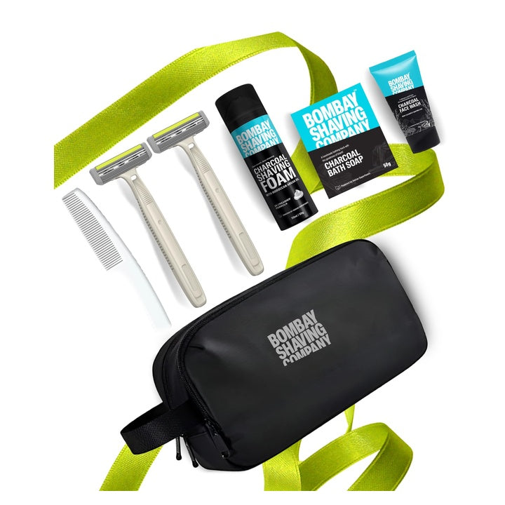Bombay Shaving Company 7in1 Shaving Kit for Men | Grooming Kit for Men | Charcoal Shaving Foam, Charcoal Soap, Razor for Men, Charcoal Face Wash, Hair Comb with Travel Pouch | Gift Kit for Men
