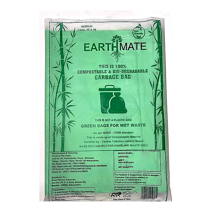 Earthmate Large Compostable Green Garbage Bag 25x30 Inches - 10 Pieces : 1 Unit