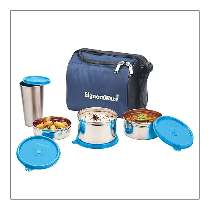 Signoraware Stainless Steel Best Lunch Box Set of 4 Containers Blue : 1 Unit
