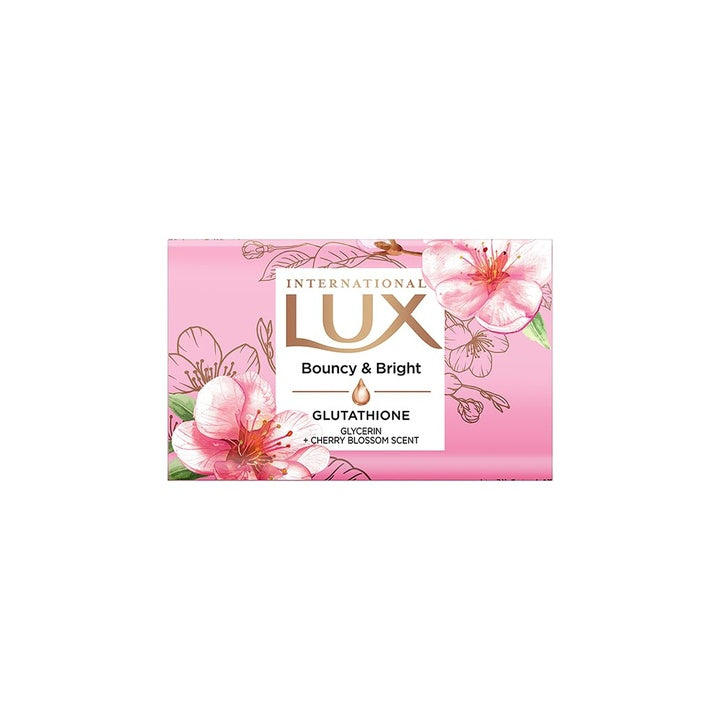 LUX International Bouncy & Bright Bathing Soap, 4 x 130g, LUXURIOUS BATHING EXPERIENCE, for Hydrated & Radiant Skin, with Glutathione & Glycerin, Improves Skin Texture, Cherry Blossom Fragrance