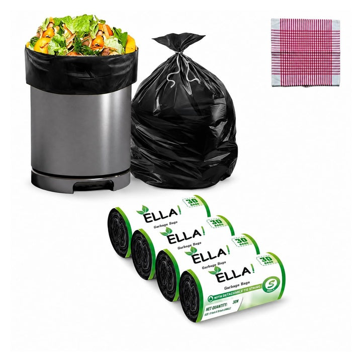 Ella Garbage Bags 17x19 Inches (Small) 120 Bags 4 Rolls | Leak Proof & Tear Resistant Trash Bag for Kitchen Home & Commercial Use | Dustbin Bags For Dry & Wet Waste With Free Check Duster Cloth -Black