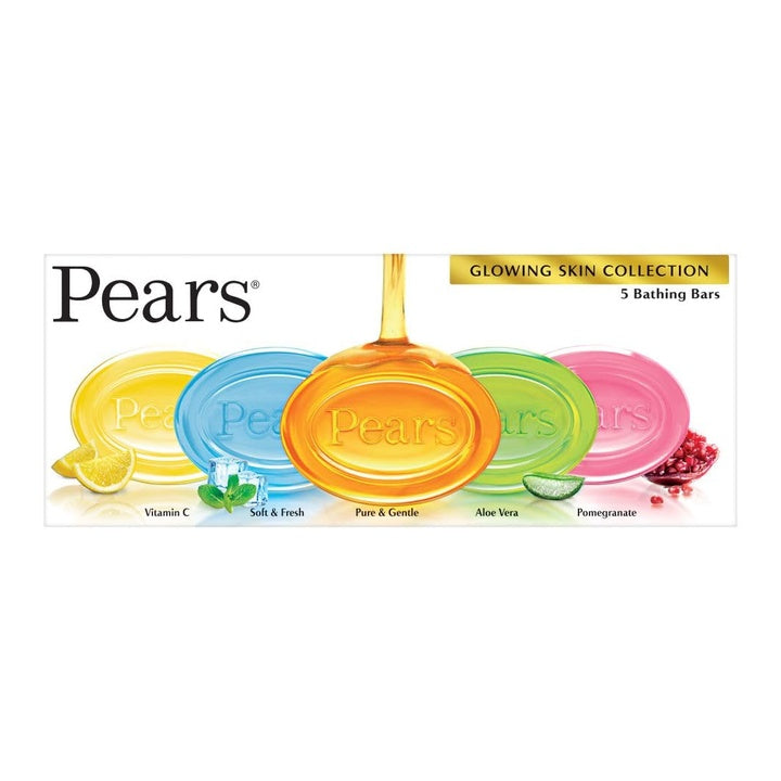Pears Glycerin Bathing Bar, Variety Pack, 125g, Pure & Gentle, Soft & Fresh, Aloe Vera, Pomegranate and Vitamin C, Dermatologically Tested for Men and Women, Pack of 5