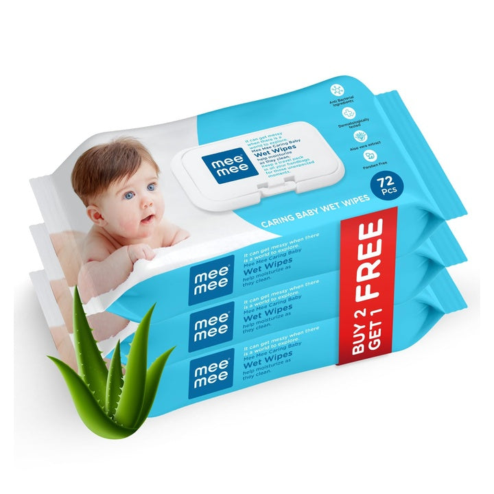 Mee Mee Wet Wipes for Baby Skin with Aloe Vera | 72 Wipes x Pack of 3-216 Wipes | Paraben Free, Fragrance Free, pH Balanced, Dermatologically Safe, Baby Wipes Combo | Pack Lid