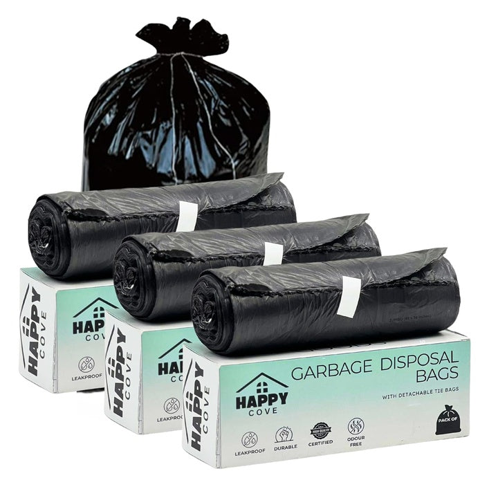 Happy Cove Garbage Bags for Dustbin | XL-48 X 36 Inches| 30 Count (10 Bag X 3 Rolls) | Dustbin/Trash Bags with Detachable drawstrings for Easy Tie & Carry | Dry & Wet Waste (Black)