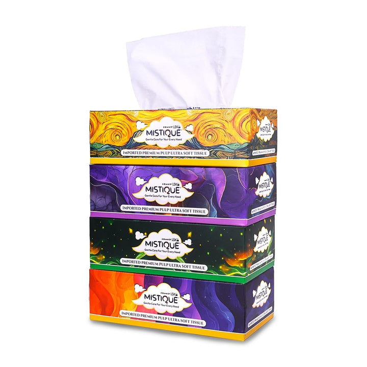 MISTIQUE Ultra Soft 2 Ply Facial Tissue Box | 400 Pulls | 100 Pulls x 4 Boxes | Skin Friendly & Highly Absorbent | Natural Virgin Pulp | Car, Home & Office Use | Sheet Size (17 * 20) cm
