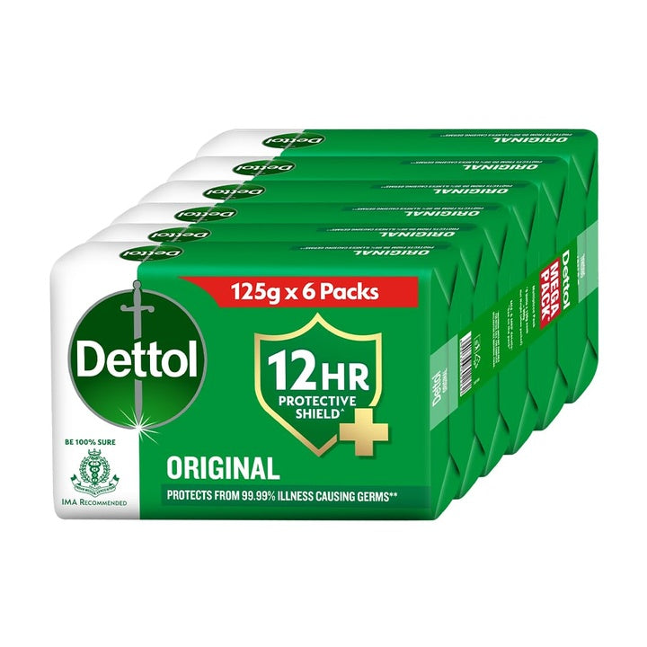 Dettol Original Bathing Soap Bar with 12hr Germ protection (750gm) | Kills 99.99% Germs, 125g (Pack of 6)