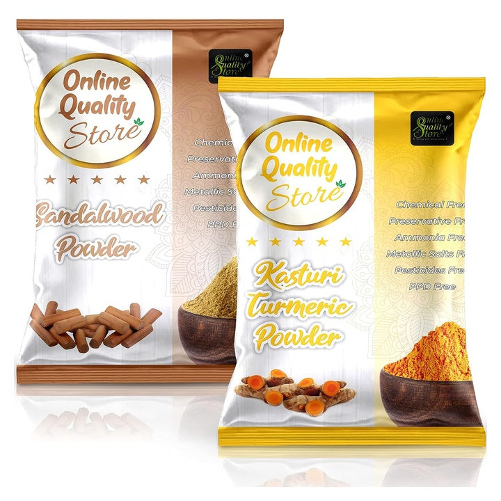 Online Quality Store Kasturi Turmeric Powder for Face + Natural Sandalwood | Haldi, Wild Turmeric, Manjal | Chandan for Skin (Pack of 2, 100g each, Total 200g)