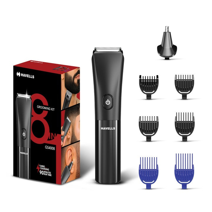 Havells 8 in 1 Grooming Kit |2-in-1 Special Blade|Nose & Ear Attachment|4 Beard & 2 Hair Combs|Type C Turbo Charge|No Nicks & Cuts|2 Year Guarantee|GS4008