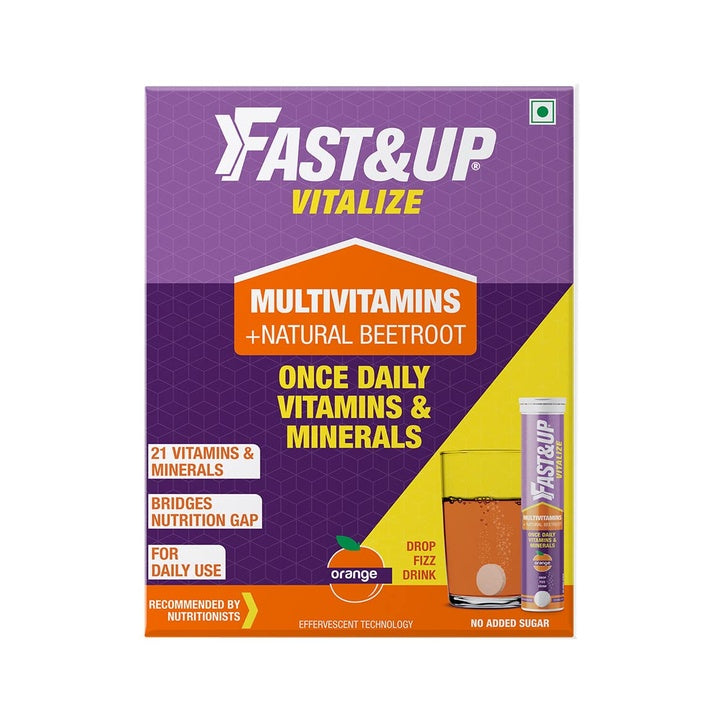 Fast&Up Vitalize - Immunity Essential Multivitamin For Men & Women (60 Effervescent Tablets, Orange Flavor) - 21 Vital Vitamins & Minerals with Vitamin C, D & Zinc For Daily Health & Immunity