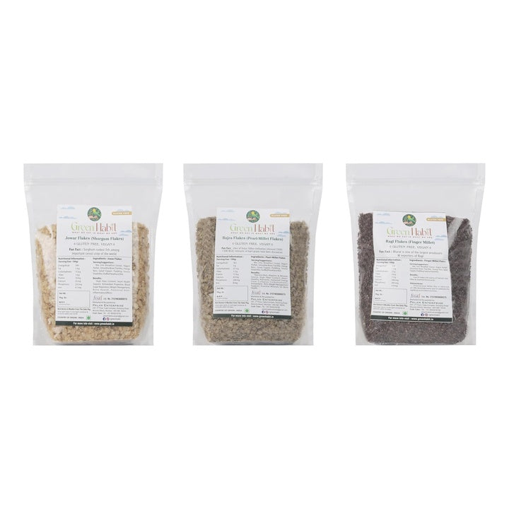 Greenhabit Jowar, Ragi & Bajra Flakes 250 gm each - Nutritious and Gluten-Free Millet Cereal Breakfast cold cereal Poha