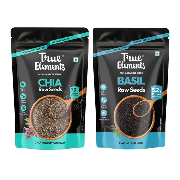 True Elements Chia Seeds Basil Seeds Combo 500g (250g * 2) - Raw Seeds for Eating | Sabja Seeds for Weight Management | Rich in Calcium, Protein & Fibre