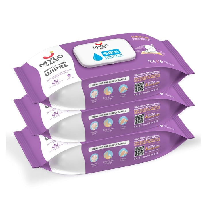 Mylo Baby Gentle Baby Wipes with Lid (72 Wipes, Pack of 3) | With Aloe Vera, Coconut Oil, Neem, & Vitamin E | 98% Pure Water | Dermatologically Tested | pH Balanced | Pack of 3