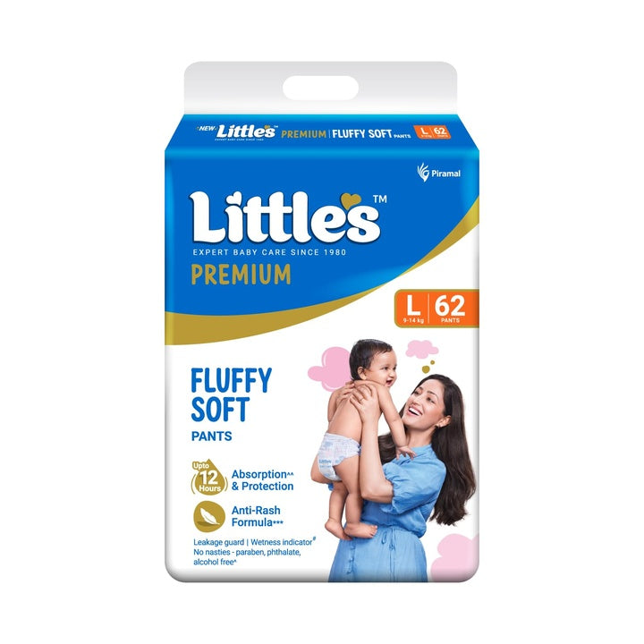 Little's Premium Baby Diapers L Size (Large) Pants Style | 9-14 kg | 62 Count | Super Jumbo FluffySoft Baby Diaper with Leakage Guard, Wetness Indicator & 12 Hours Absorption