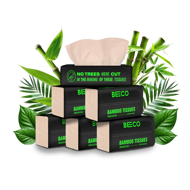 Beco Bamboo Facial Tissue Paper Box-Soft Pack | 100 pulls x 6 packs | Super Soft, Skin Friendly & Highly Absorbent Face Tissue Napkins | Car Tissues | 100% Natural & Ecofriendly | 2 ply-600 Pulls