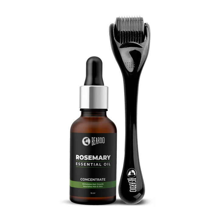 Beardo Rosemary Essential Oil, 15 ml & Derma Roller For Hair Growth 0.5 mm with 540 Chromium Needles | for Hair Growth, Hair fall and Regrowth | Skin Nourishment | 100% Natural | Aroma Oil