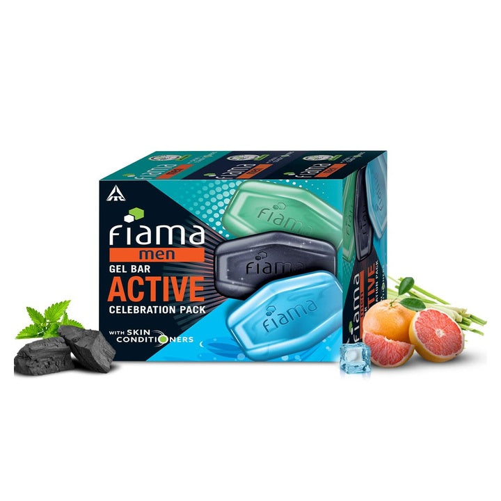 Fiama Men Active Celebration Pack 375g (125g Pack of 3) | Charcoal Deep Clean + 2 Unique Men Variants | Refreshed, Moisturized Skin with 30% Smoothing Body Serum | All Skin Types
