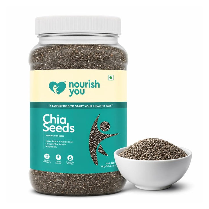 Nourish You Raw & Whole Chia Seeds 1kg Jar | Dirt & Stone free | Gluten Free | Source of Calcium, Protein , Dietary Fibre & Antioxidant | Rich with Omega 3 & Zinc | Premium superfoods | Supports Weight Management | Value Pack offer