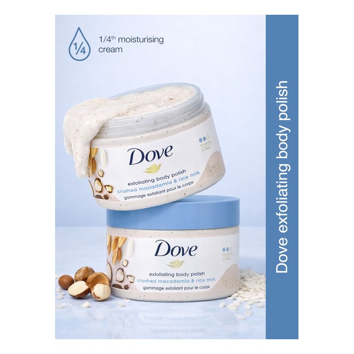 Dove Body Polish & Scrub with Crushed Macadamia & Rice Milk for Gentle Polishing - 298 g