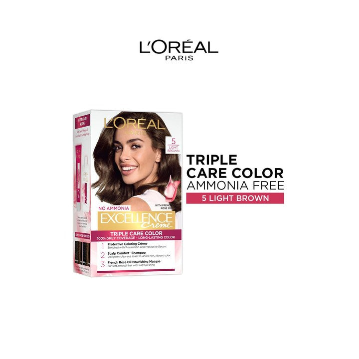 LOreal Paris New Excellence Creme Hair Color Shade 5 Light Brown - 60g+60ml+12ml+40g