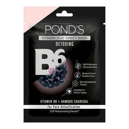 Ponds Activated Charcoal Clear Detox Vitamin Duo Sheet Mask with Vitamin B6 - 25 ml