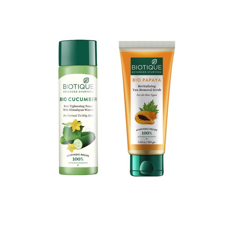 Biotique Set Of Sustainable Bio Cucumber Toner & Bio Papaya Tan-Removal Scrub
